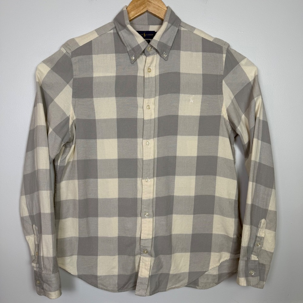 Ralph Lauren Plaid Button Down Shirt Classic Fit XL Gray Cream Buffalo Check